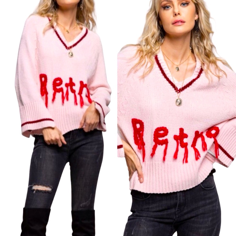 POL ‘Retro’ Fringe V Neck Sweater Women Color Pink Size L